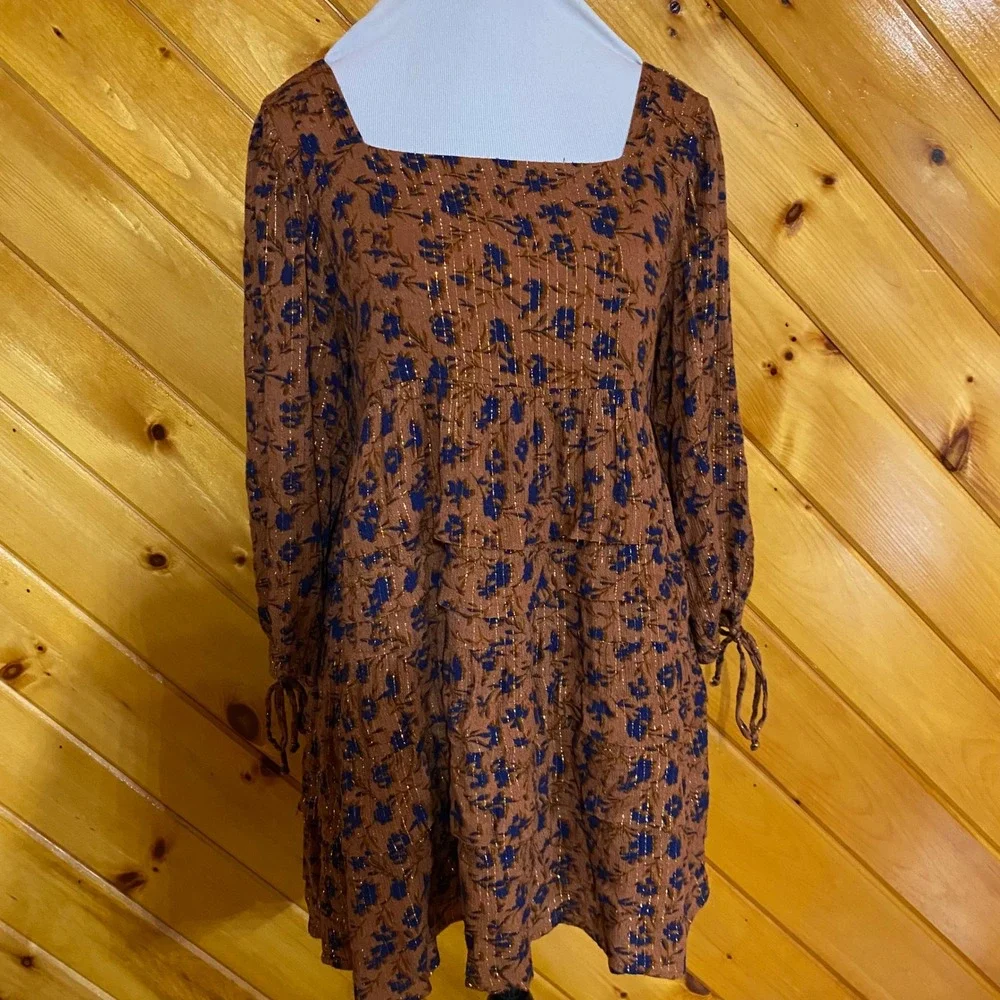 Free People x Jen's Pirate Booty Rust Brown Floral Metallic Smocked Boho Dress M